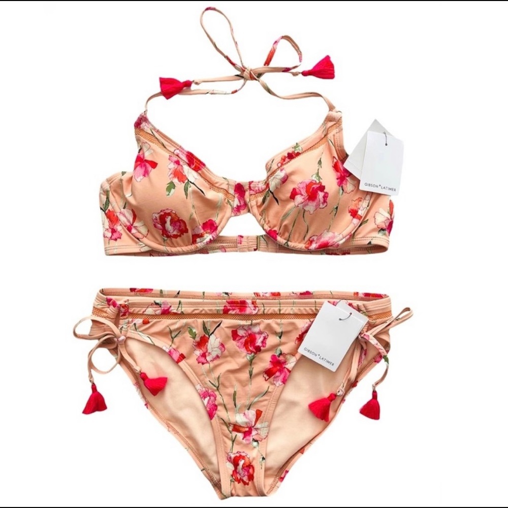 NWT Gibson Latimer Peach Pink Floral Swimsuit Orange